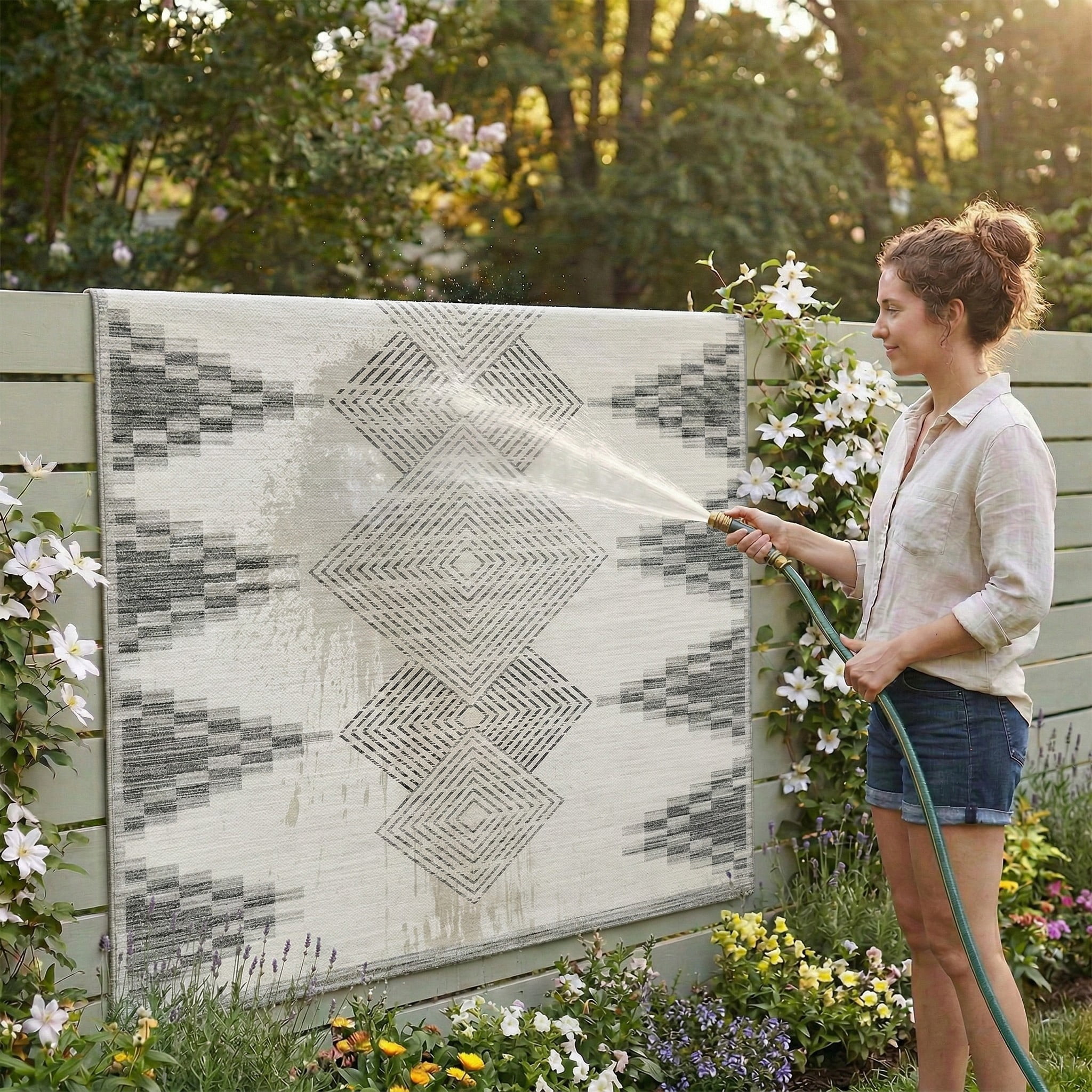 ReaLife Machine Washable Indoor Outdoor - Mat Rug Foldable Printed Thin Lightweight Cushioned Fade Resistant Patio Deck Dock Porch Pool Balcony Camping - Everly - Beige 4' x 6'