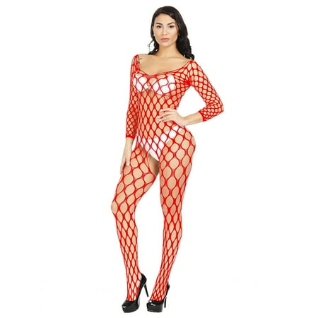Women Long-Sleeved Mesh One-Piece Stockings Perspective Lingerie
