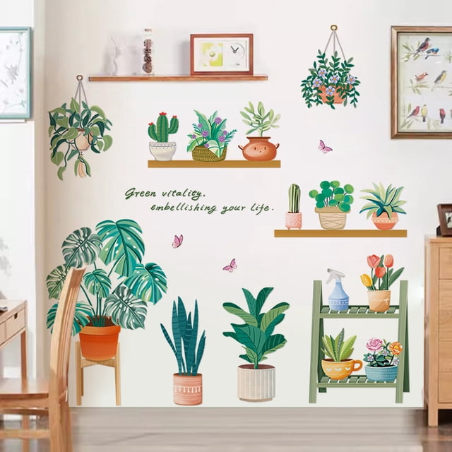 Adhesivos de pared con dibujos animados de plantas verdes, plantas en maceta y estantería