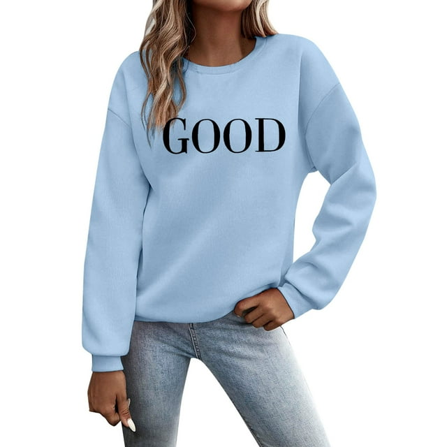 Bmisegm T-Shirts Graphiques à Manches Longues Décontractés pour Femmes, Chandails à Col Rond, Hauts à Enfiler pour Femmes, Chandails Décontractés pour Femmes, Bleu Pâle, TG