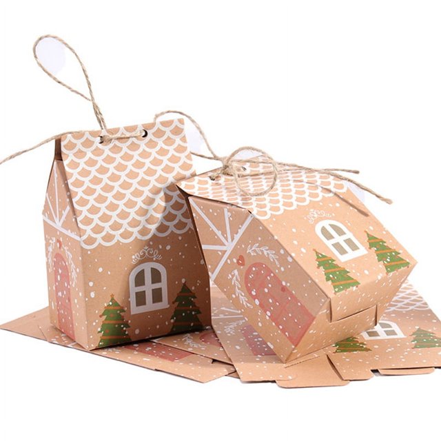 50 Piezas Papel Kraft Forma de Casa con Cuerda Bolsa de Dulces Bolsa de Regalo Caja de Embalaje de Galletas Colgante de Navidad DecoracióN de Fiesta