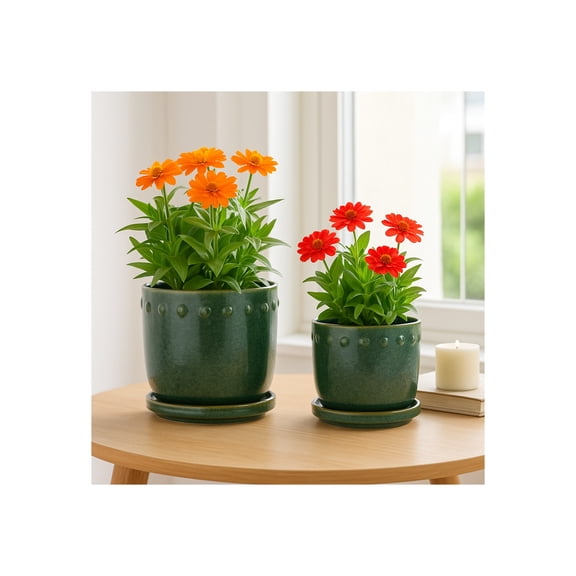 Decorative Flower Planter with Bubble Trim and Saucer Plate - Stylish Home Decor Plant Pots for Indoor and Outdoor Styling - Perfect Plant Pots Accent for Plant Stand Indoor - Set of 2, 7", 6", Green