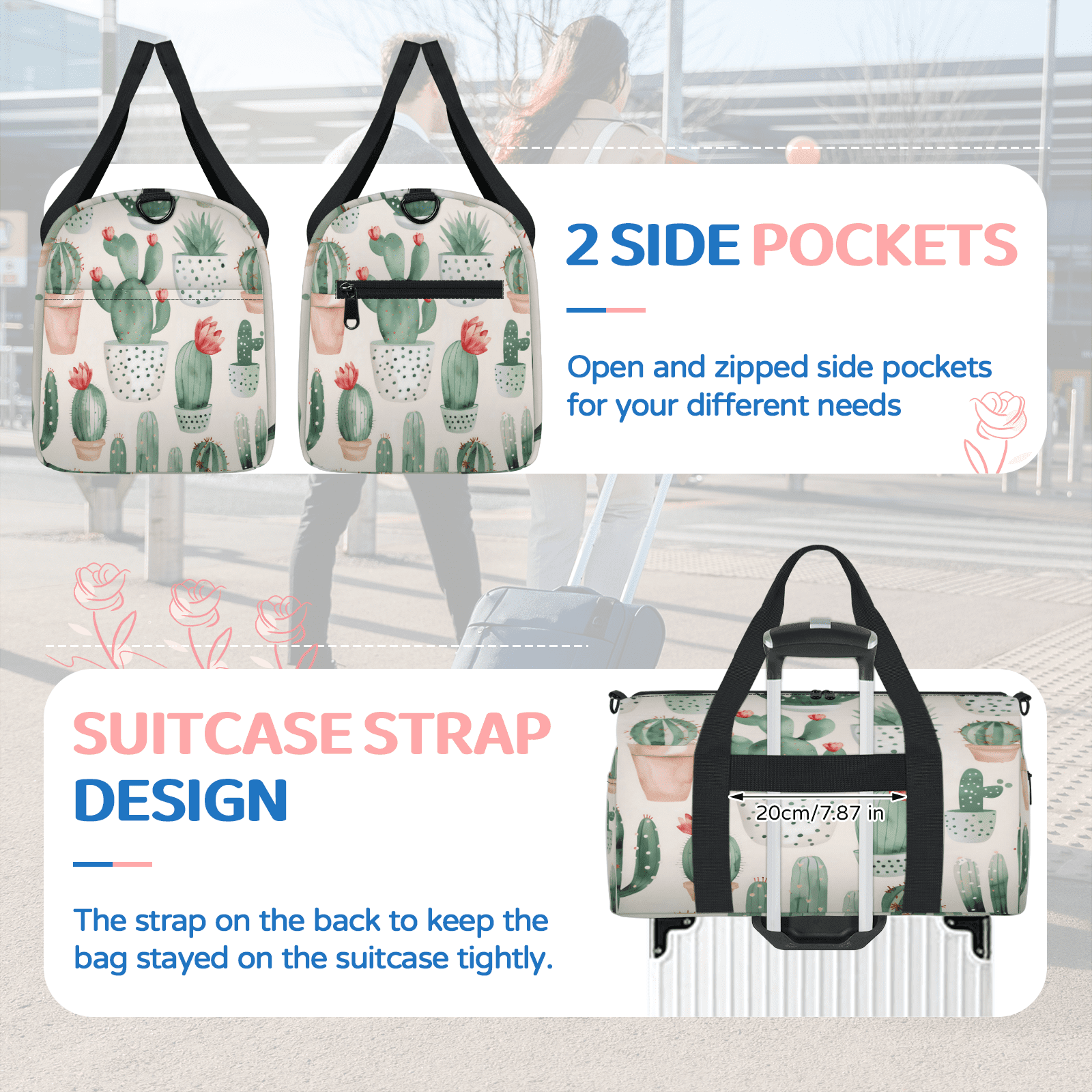 Herdesigns Cactus Travel Duffle Bag Sports Yoga Weekender Overnight Carry on Workout Bags Lightweight Waterproof Gym Tote Bag for Women