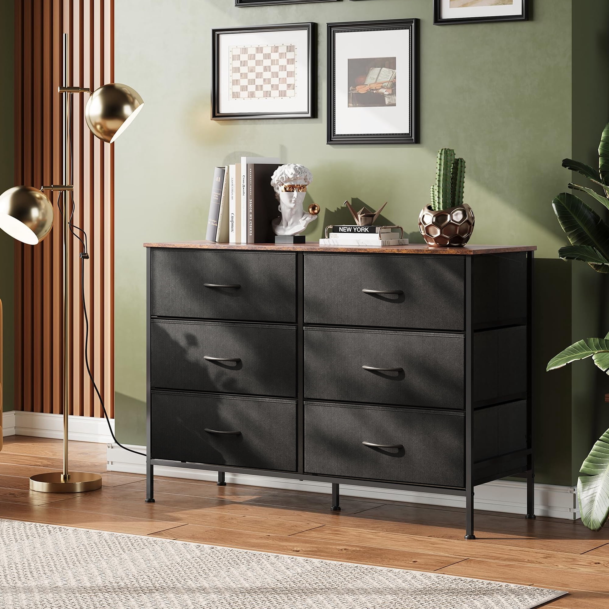 GALAXHERO 6-Drawer Fabric Dresser, 50-Inch TV Stand Wide Chest of Drawers for Bedroom, Closet, Living Room, Black