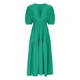 thumbnail image 7 of Women's Deep V Neck Puff Short Sleeve Tiered Dress Elastic High Waist Flowy A Line Midi Dresses, 7 of 7