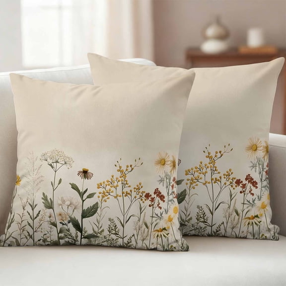 Pack of 2 Outdoor Pillow Covers 24x24 Inch Waterproof Botanical Throw Pillow Covers,Decorative Couch Pillow Shams Protectors Retro Plant Wildflower Green Leaf Ferns Patio Pillowcases Cushion Covers