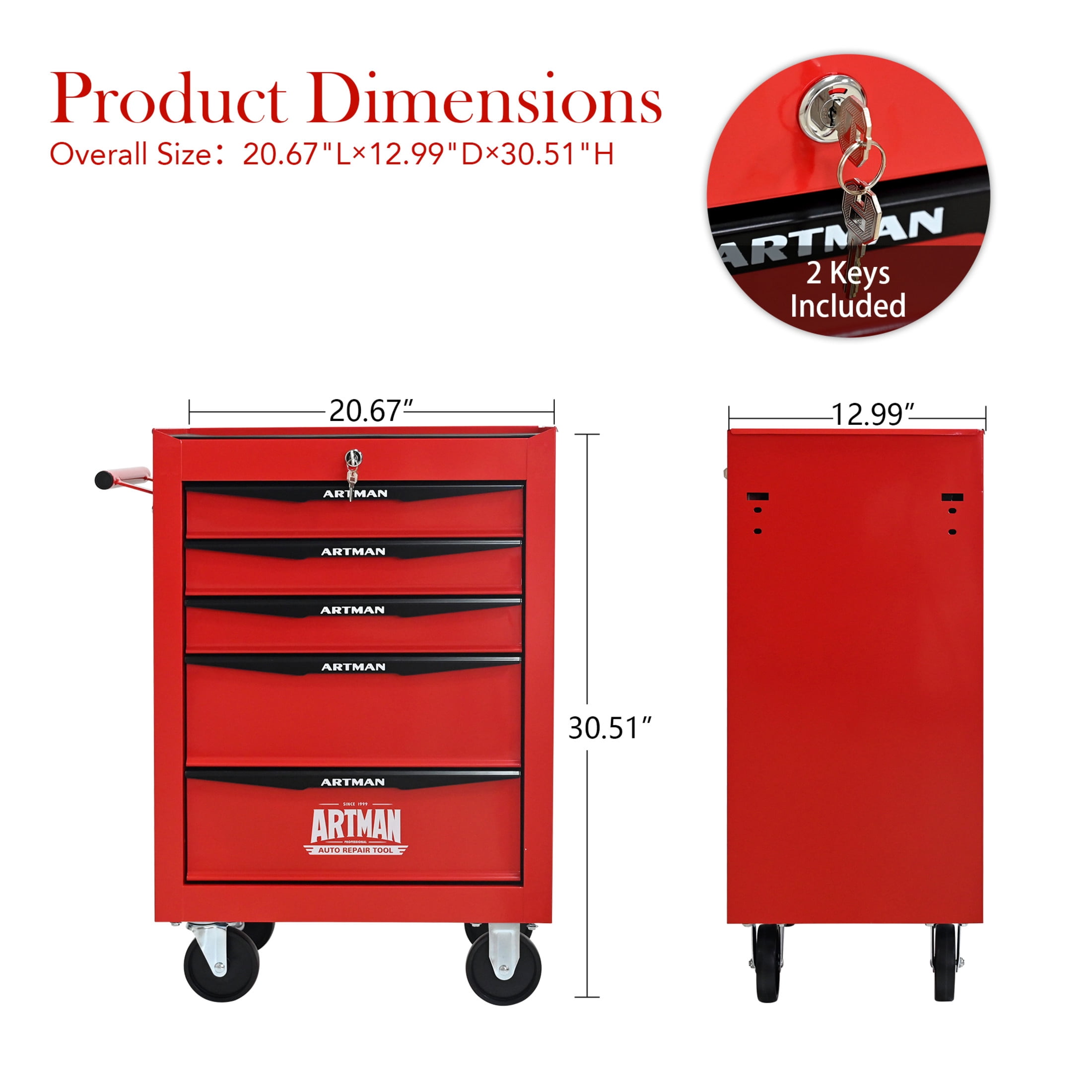Noble House 5-Drawer Mobile Steel Tool Organizer with Key Lock, Ball Bearing Slide Storage Cabinet Box, Red