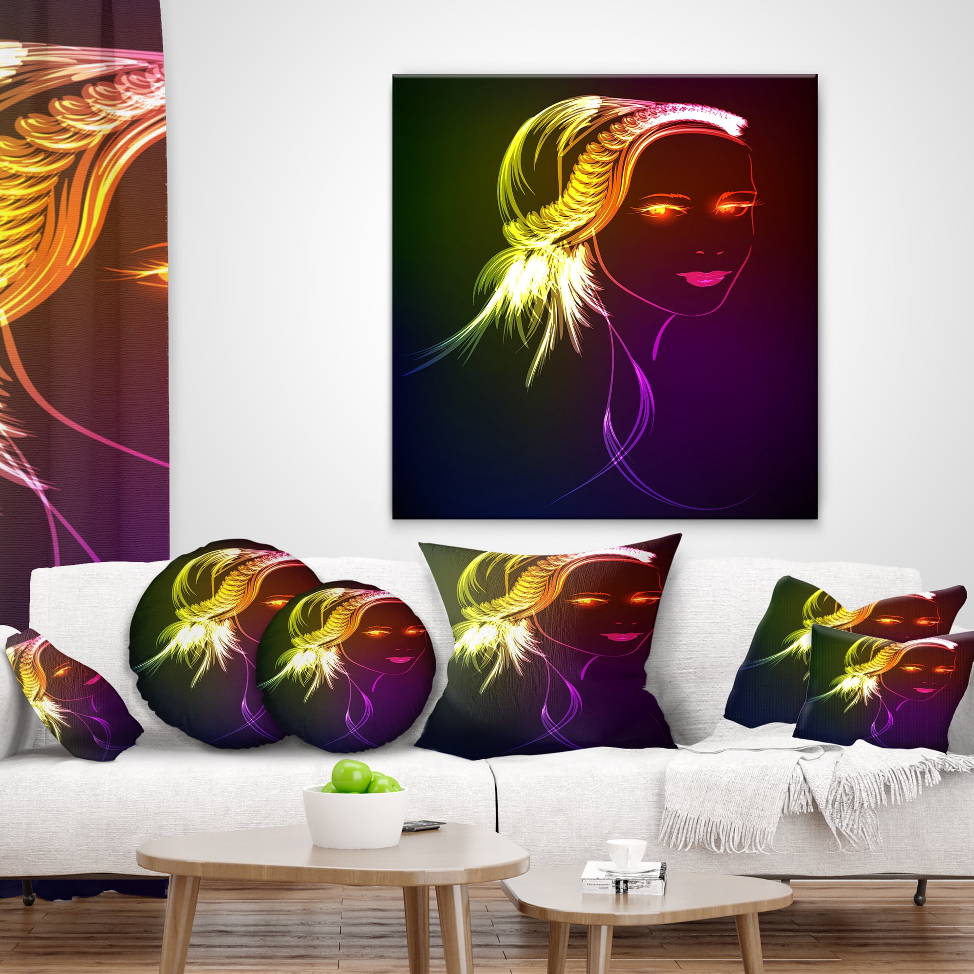 Designart Illuminating Girl s Head Fractal - Modern Portrait Throw Pillow - 12x20