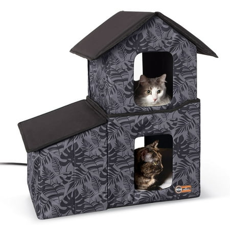 UPC: 0655199636723 | K&H Pet Products Two-Story Outdoor Kitty House with Dining Room Heated Gray Leaf 22 X 27 X 27 Inches