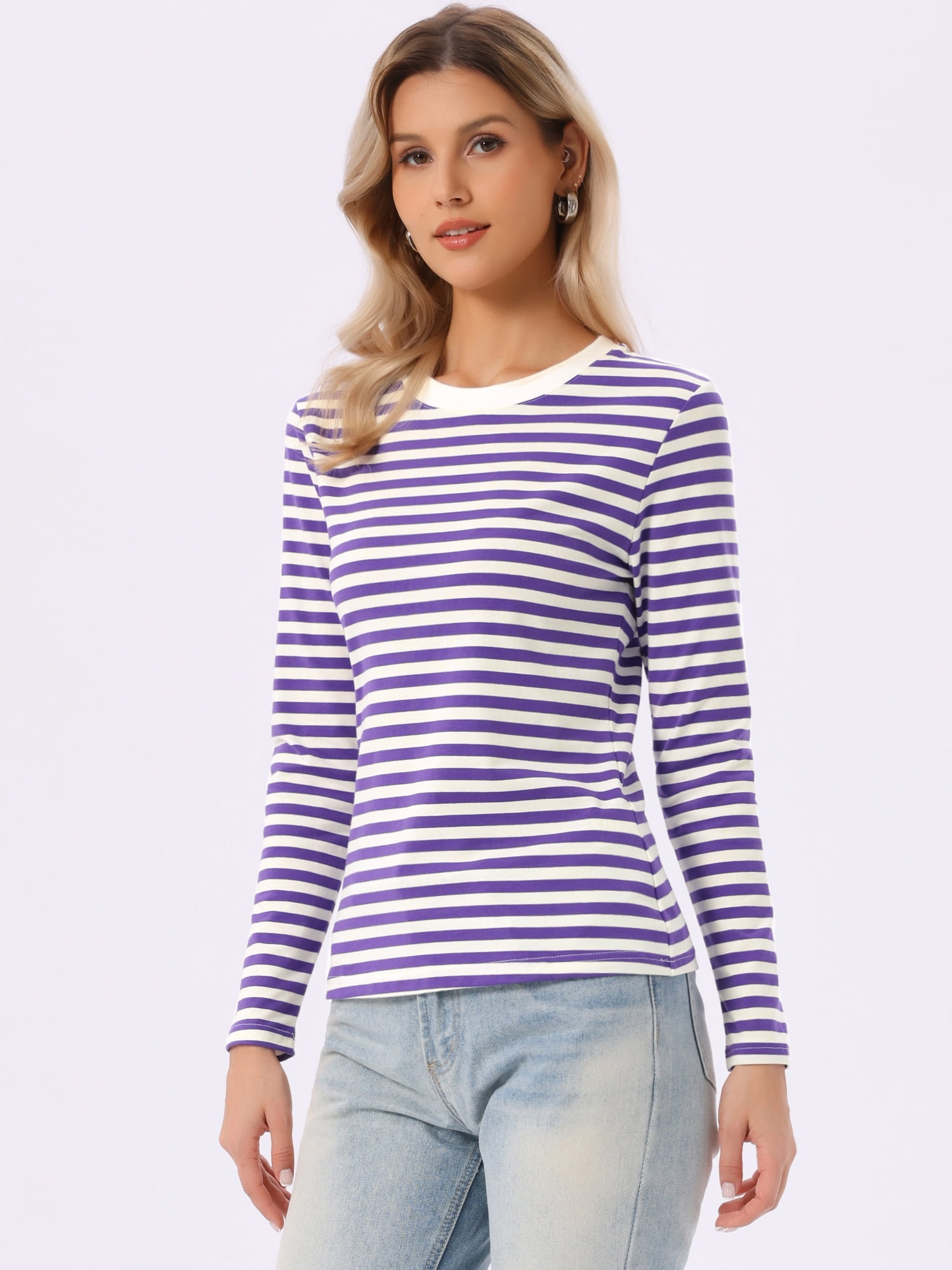 DARING DIVA Women's Striped Long Sleeve Cotton Crew Neck Tees L Deep Purple Stripe