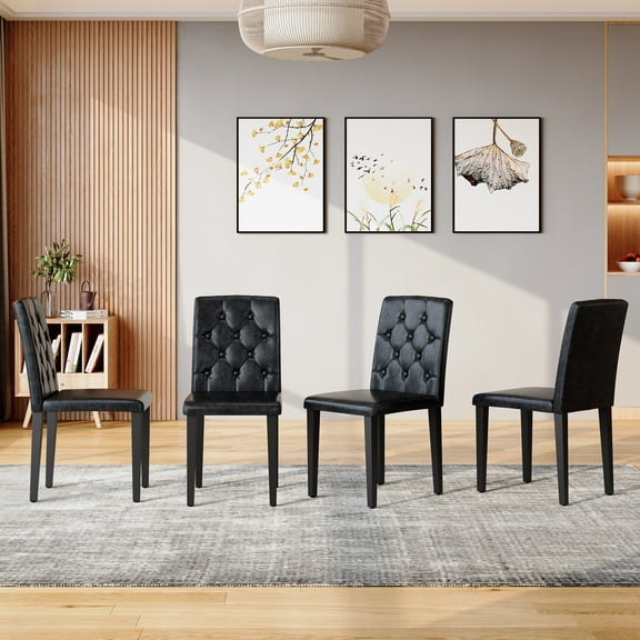 4-pack black PU dining chairs: ergonomic buckle backrest, 35 inches high, black metal legs, a low-key and luxurious choice.