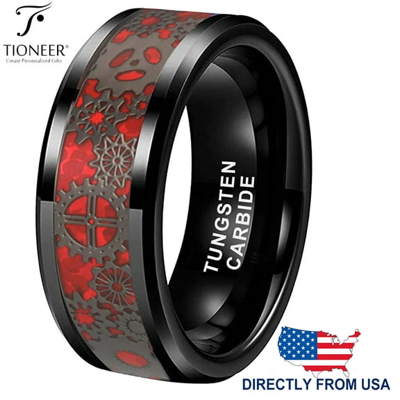 Tungsten Carbide Wedding Band Ring Steampunk Gears w/ Red Carbon Fiber Inlay 8MM