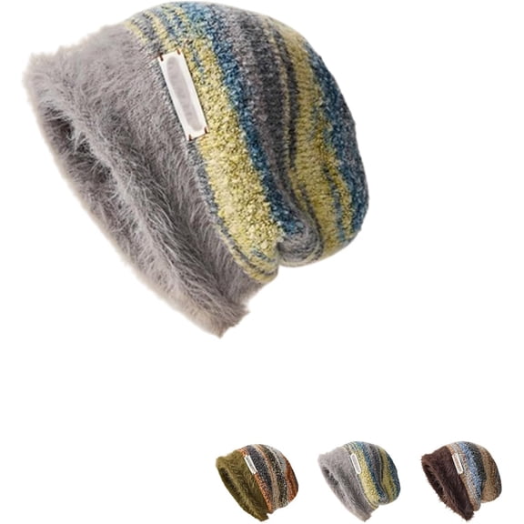 RimdGhov Soft Knit Beanie for Women, Retro Striped Color-Block Plush Hat, Warm Autumn-Winter Knitted Beanie for Striped color-block plush hats