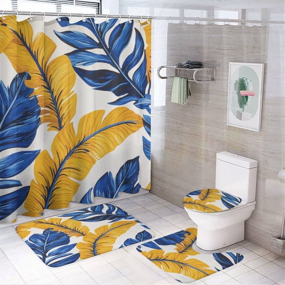 4 Piece Shower Curtain Sets Yellow And Blue Tropical Leaves Rug Toilet Lid Cover and Non-Slip U Shape Mat Summer Palm Leaf Bathroom Decor Set with Accessories for Bathtub Decor 72inch X 72inch
