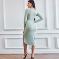 thumbnail image 4 of Femmes Froncé Wrap Robe Manches Longues V Cou Fendue Ourlet Drapé devant Midi Bodycon Robes Tricot Fendue Robe de Soirée, Petite, 4 of 6
