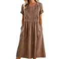 thumbnail image 2 of Costeam Womens Cotton Linen Midi Boho Dress Crew Neck Cuffed Short Sleeve Floral Embroidery Loose Flowy Sundress Side Pockets Casual Relaxed Fit Pleated Waist A Line Dresses, 2 of 8