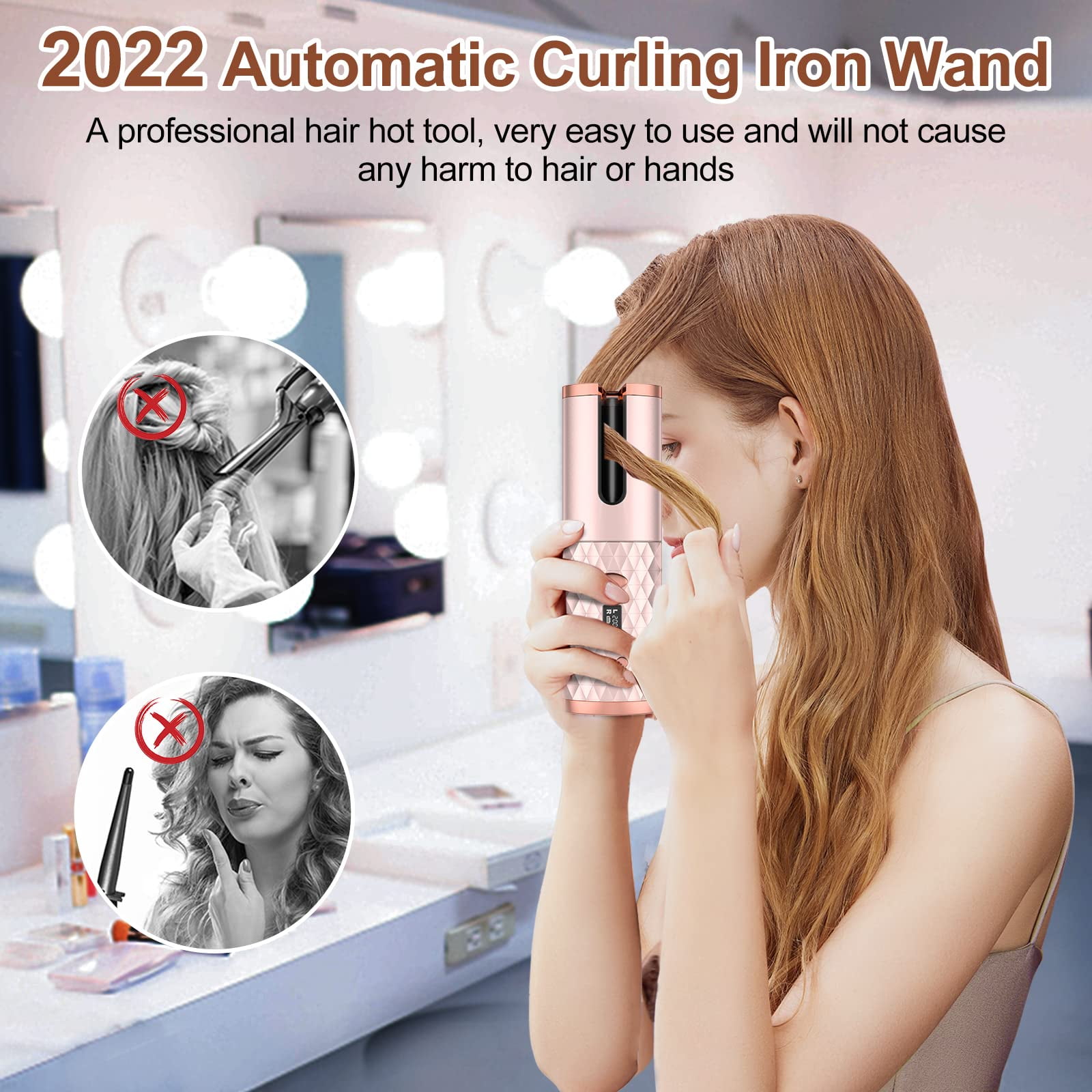 Automatic Curling Iron, Emlimny Cordless Hair Curlers with Adjustable Temps & Timers, Ceramic Barrel Auto Wave Wand, Portable Rotating Curling Wand Hair Styling Tool for Travel