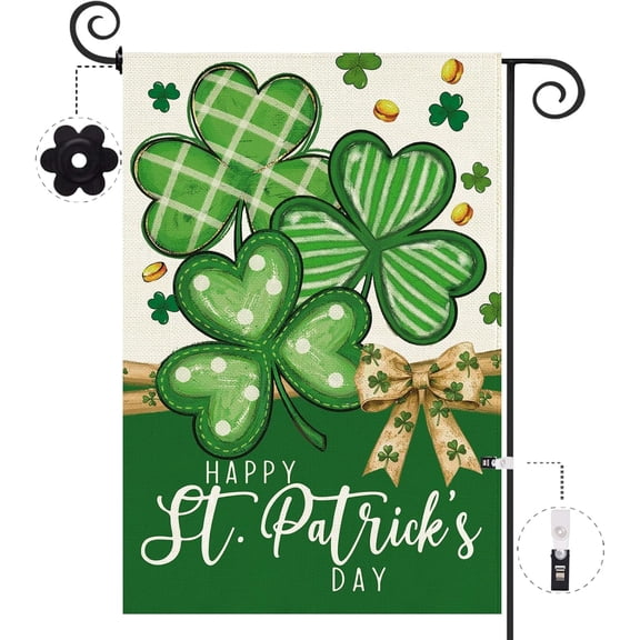St Patricks Day Garden Flag 12.5 x 18 Inch, Shamrocks Clover Bow Lucky Double Sided Burlap Welcome Small Yard Flag Holiday Lawn Proch Outdoor Outside Decor