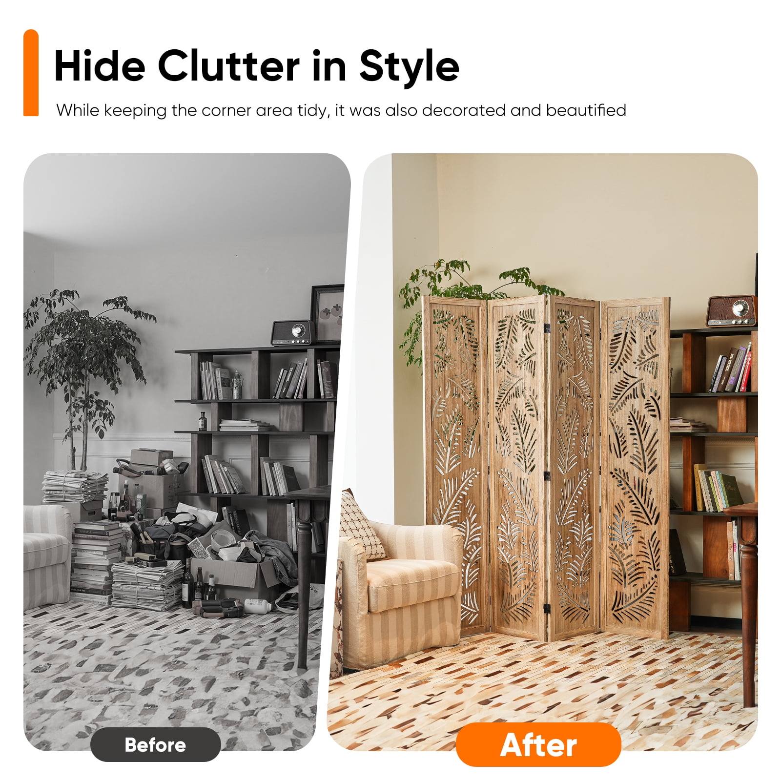 Jostyle 4 Panel Solid Wood Room Divider Privacy Screen - Freestanding Folding Partition with Feather Openwork Design, Paulownia Wood Frame Natural, No Assembly for Living Room, Bedroom, Office
