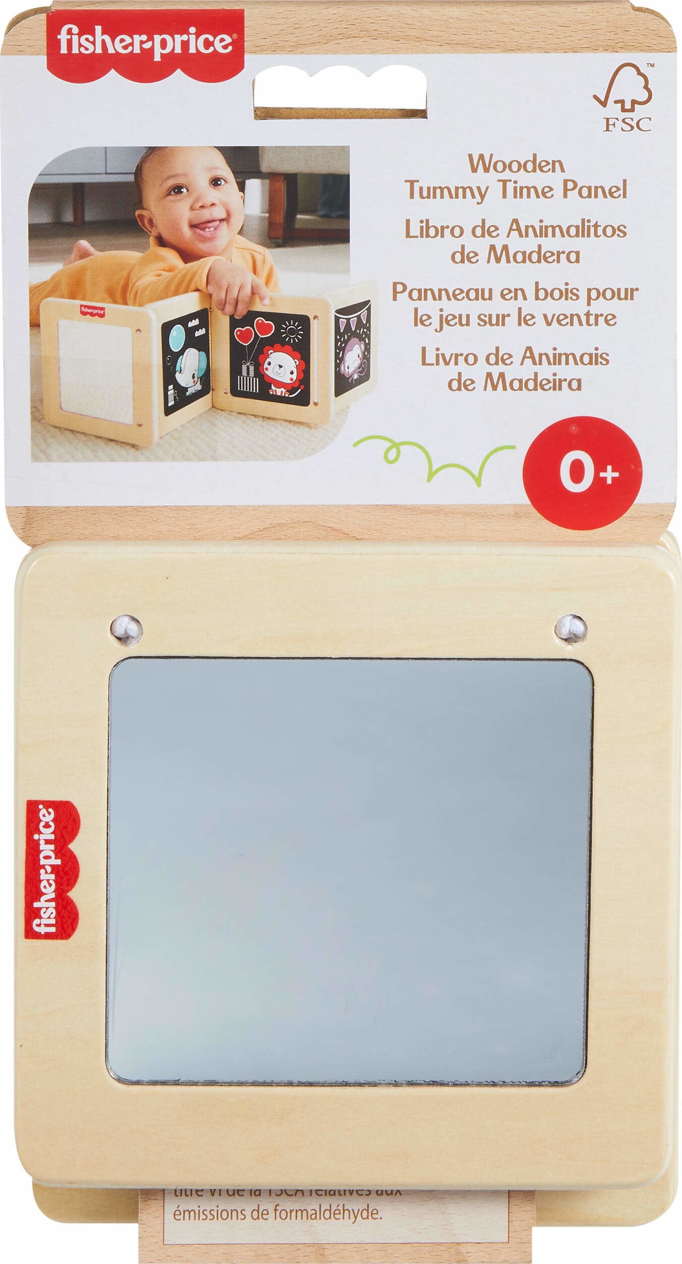 Fisher-Price Wooden Tummy Time Panel, Newborn Activity Toy with Mirror & High Contrast Designs