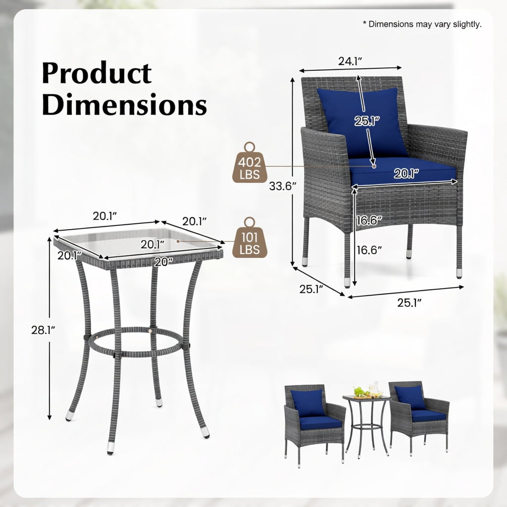 Hommoo 3-Piece Outdoor Patio Furniture Set, PE Rattan Chairs with Removable Cushions & Tempered Glass Coffee Table for Porch, Backyard, Garden, Navy