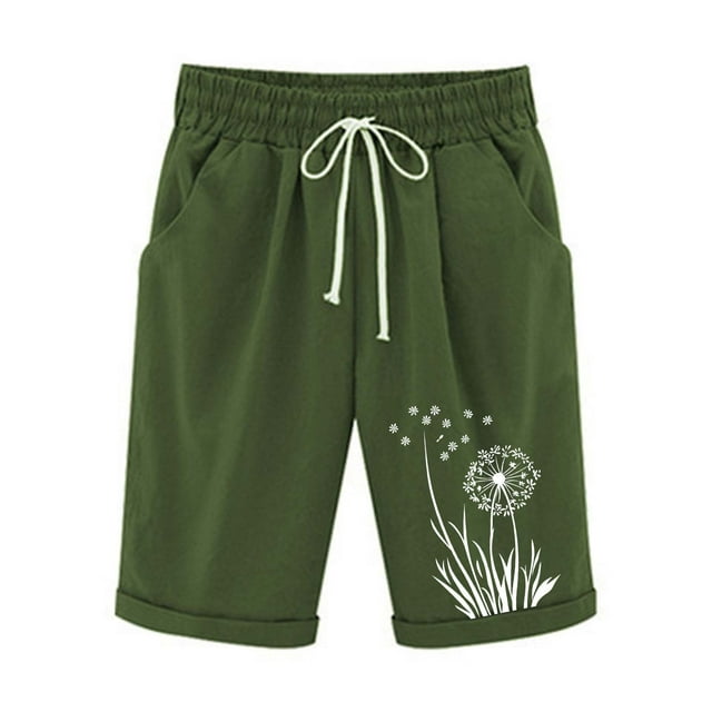 Women's Linen Summer Shorts Casual Bermuda Wide Leg Mid Length High Waisted Drawstring Dandelion Print Short With Pocket D-Olive Green