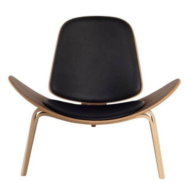 Shell chair featuring black genuine leather upholstery, curved wooden seat and backrest, supported by a three-leg design.
