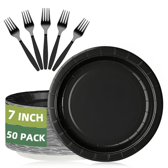 CENLBJ Black Paper Plates, 7Inch Dessert AFN1Plate 50 Set for Cake Salad Fruit Pizza, Disposable Party Plate Decoration for Anniversaries Retirement Birthday Picnic