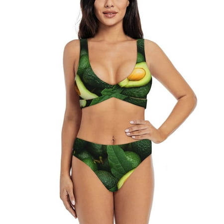 Zeuib Fresh Avocados High Waisted Tummy Control Bikini Set - Knot Front Push Up Top & Cheeky Thong Bottom  Two-Piece Swimsuit for Women-Small