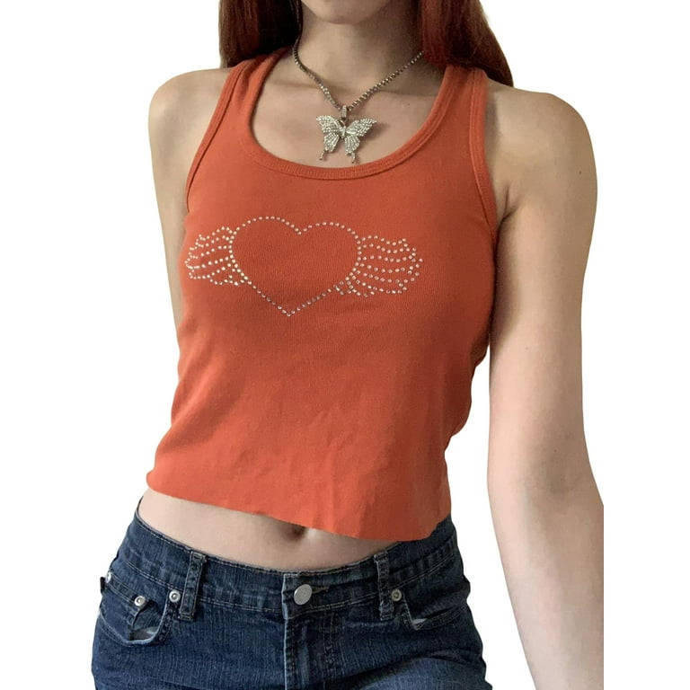 wybzd Women's Y2k Tank Top Sleeveless Crop Tank Top Vintage Rhinestone  Print Fitted Vest Shirt Top Streetwear Orange L