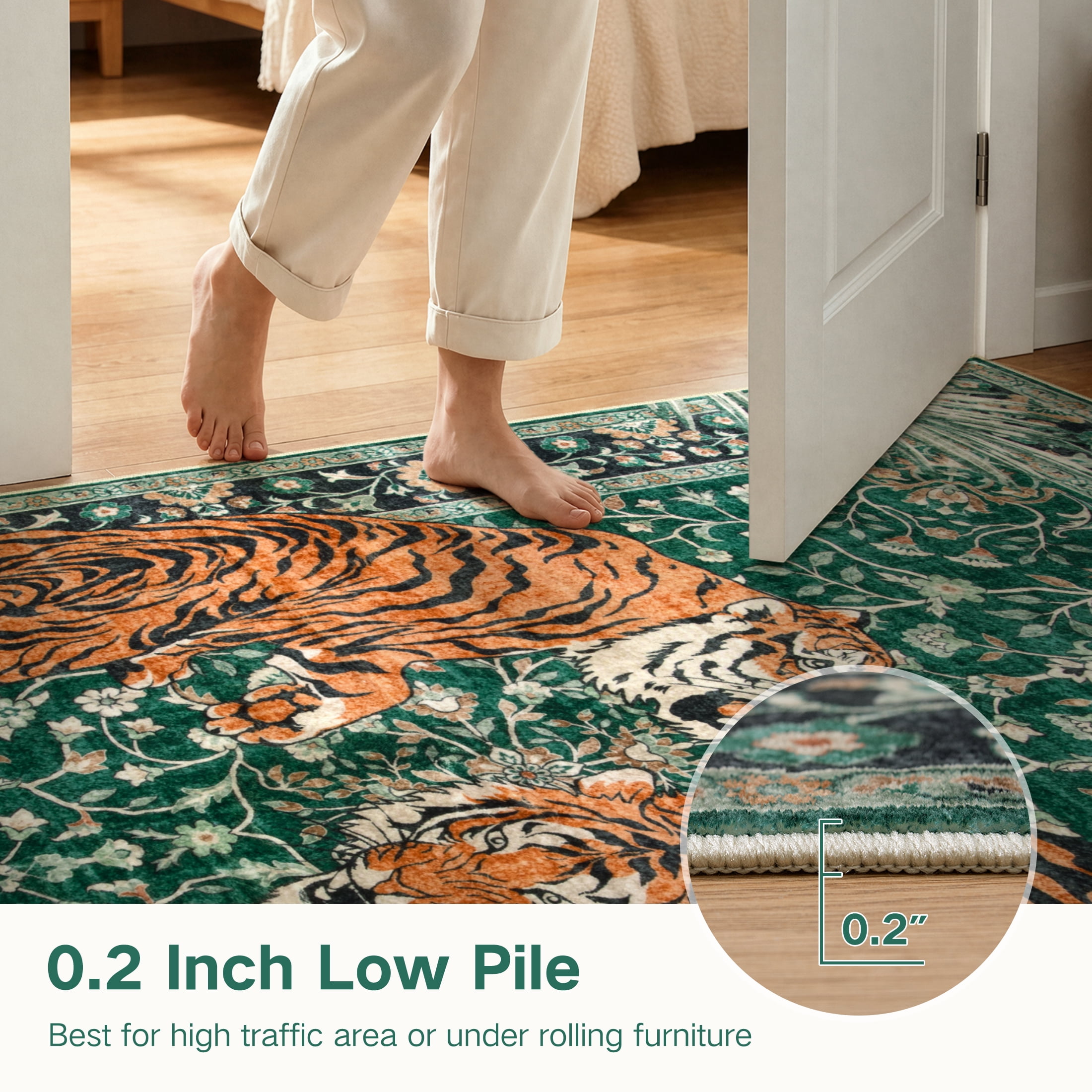 Moynesa Vintage Tiger 8'x10' Large Area Rug for Living Room, Washable Tropical Boho Rug Distressed Botanical Floral Accent Carpet for Bedroom Dining Room Low Pile Non Slip Stain Resistant, Green