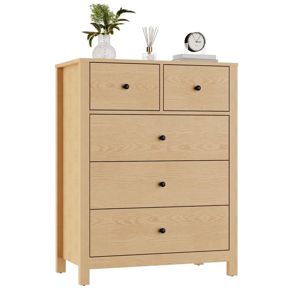 Panapinka 5 Drawer Dresser, Tall Modern Wood Grain Storage Chest with Large Drawers & Wide Top for Bedroom, Hallway, Entryway