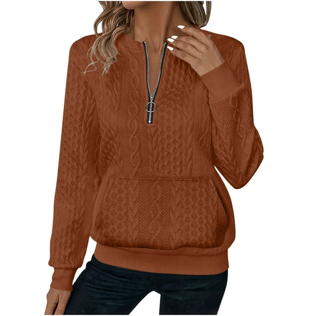 Mceream Chandails Matelassés pour Femmes à Fermeture Éclair Col Rond Manches Longues Texturés Unis avec Poches Décontractés Amples Mode Automne Hiver Tuniques Grandes Tailles Orange TTG
