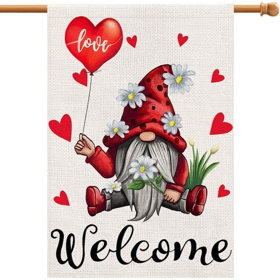 Valentines Day House Flag 28×40 Inch Double Sided for Outside Love Gnomes Farmhouse Rustic Seasonal Yard Decoration DF170-28