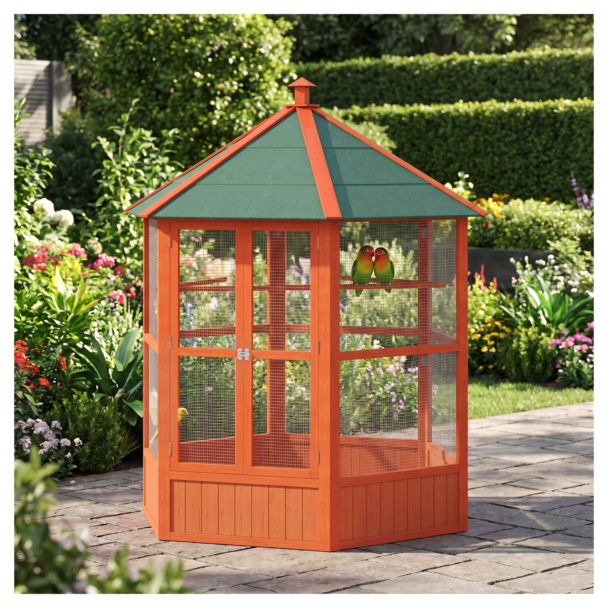 69 Wooden Hexagonal Bird Cage Outdoor Aviary with Roof Brown Large Parrot Finch Canary
