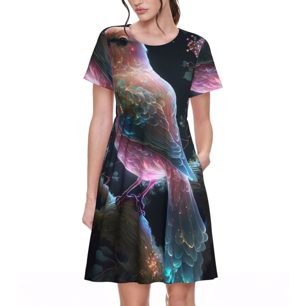 Easygdp Bird 3 para Vestido Transpirable de Mujer, Vestido Suelto de Manga Corta con Pliegues y Bolsillos para el Verano