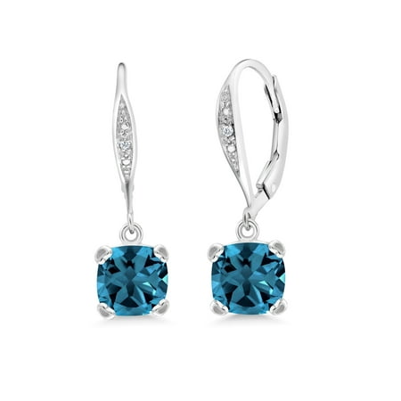 Cushion Cut Blue Topaz Earrings - 3.71 Ct Cushion London Blue Topaz White Diamond 925 Sterling Silver Earrings