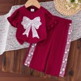 thumbnail image 2 of mgoYE Toddler Baby Girls Clothes Short Sleeve Bow Top + Straight Pants Girls Spring and Fall 2 Pcs Outfits 12-18 Months, 2 of 9