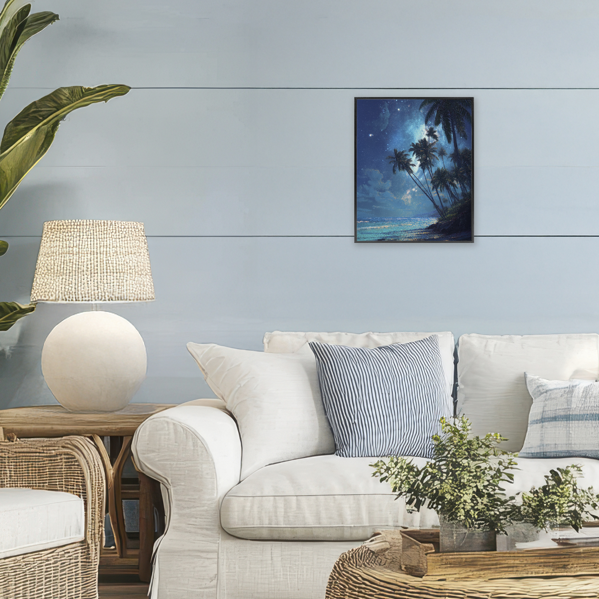 Moonlit Beach Palm Trees Black Framed Giclee Art, design by Ziwei Li