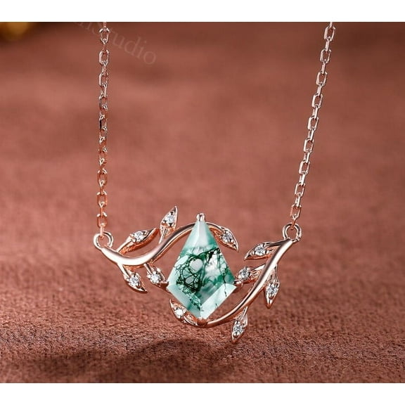 ArtpalaceByMitika Kite Cut Moss Agate Pendant Necklace 14k Solid Gold Necklace Sterling Silver Necklace Moss Agate Pendant Gold Necklace Gift for Bridal
