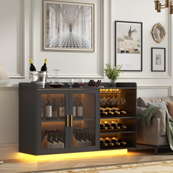 Wine  Cabinet,RGB LED Ambient Wine Bar Cabinet, Floating Glass Holder Coffee Bar with Removable Wine Racks, Glass Door Storage Sideboard Buffet Cabinet for Home