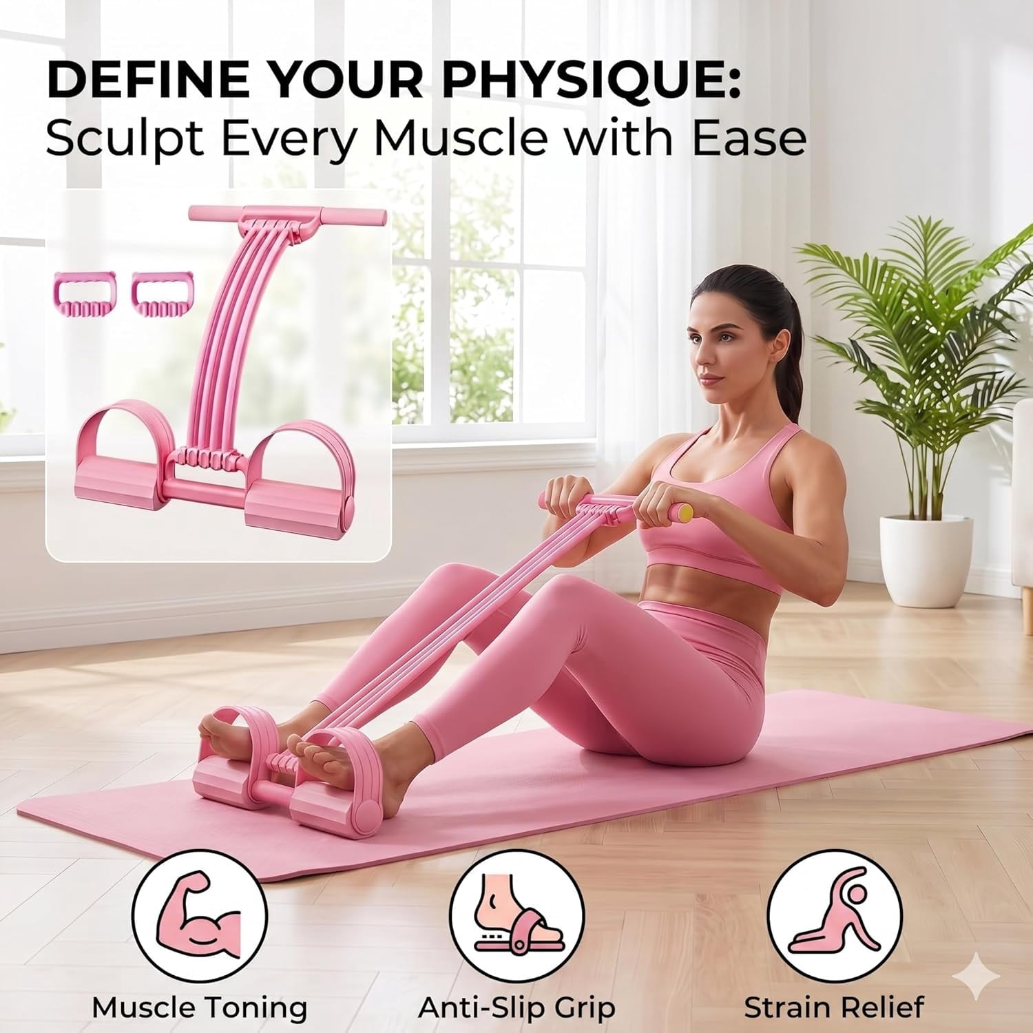 Pedal Resistance Band with Handle, 8 Tube Latex Exercise Band for Foot Pedal Pull, Back Stretch and Chest Expansion