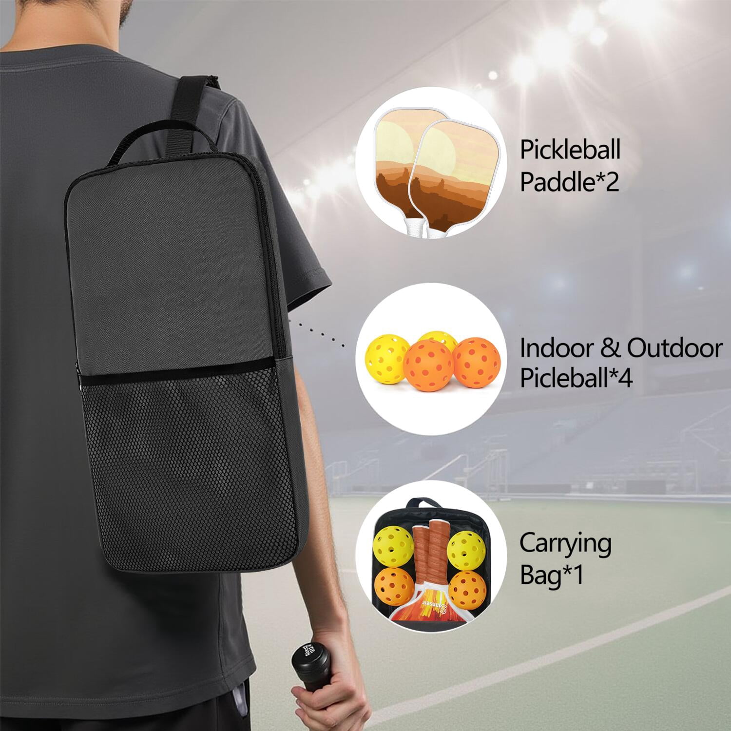 Pickleball Paddles Set Of 2, Fiberglass Surface, West & Cowboy Print, 4 Balls & Bag