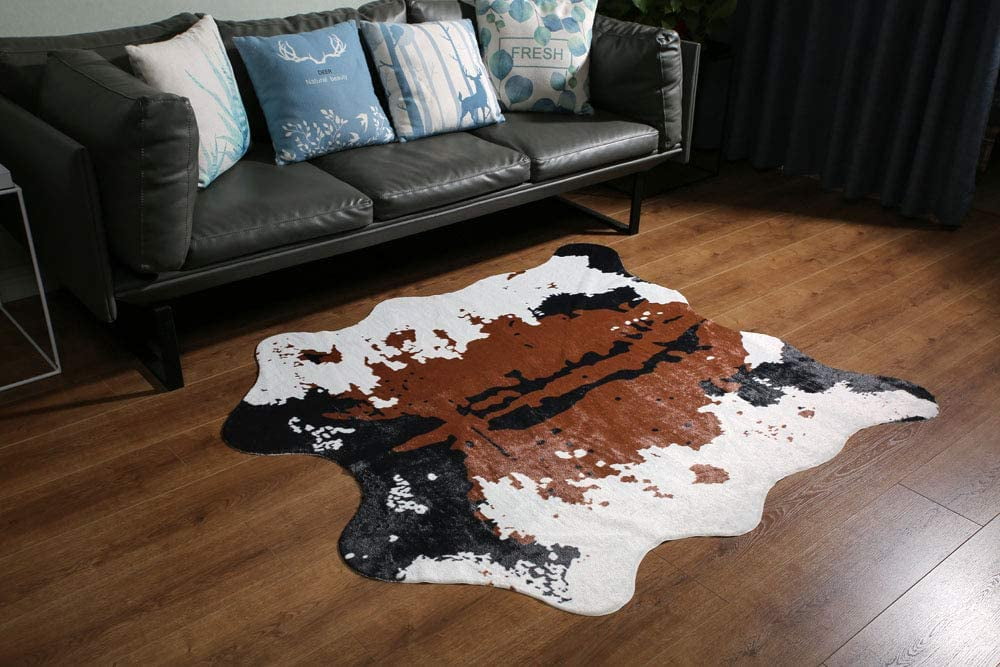 Brown Cow Print Rug 55.1"Wx62.9"L Faux Cowhide Rugs Cute Animal Printed Carpet 