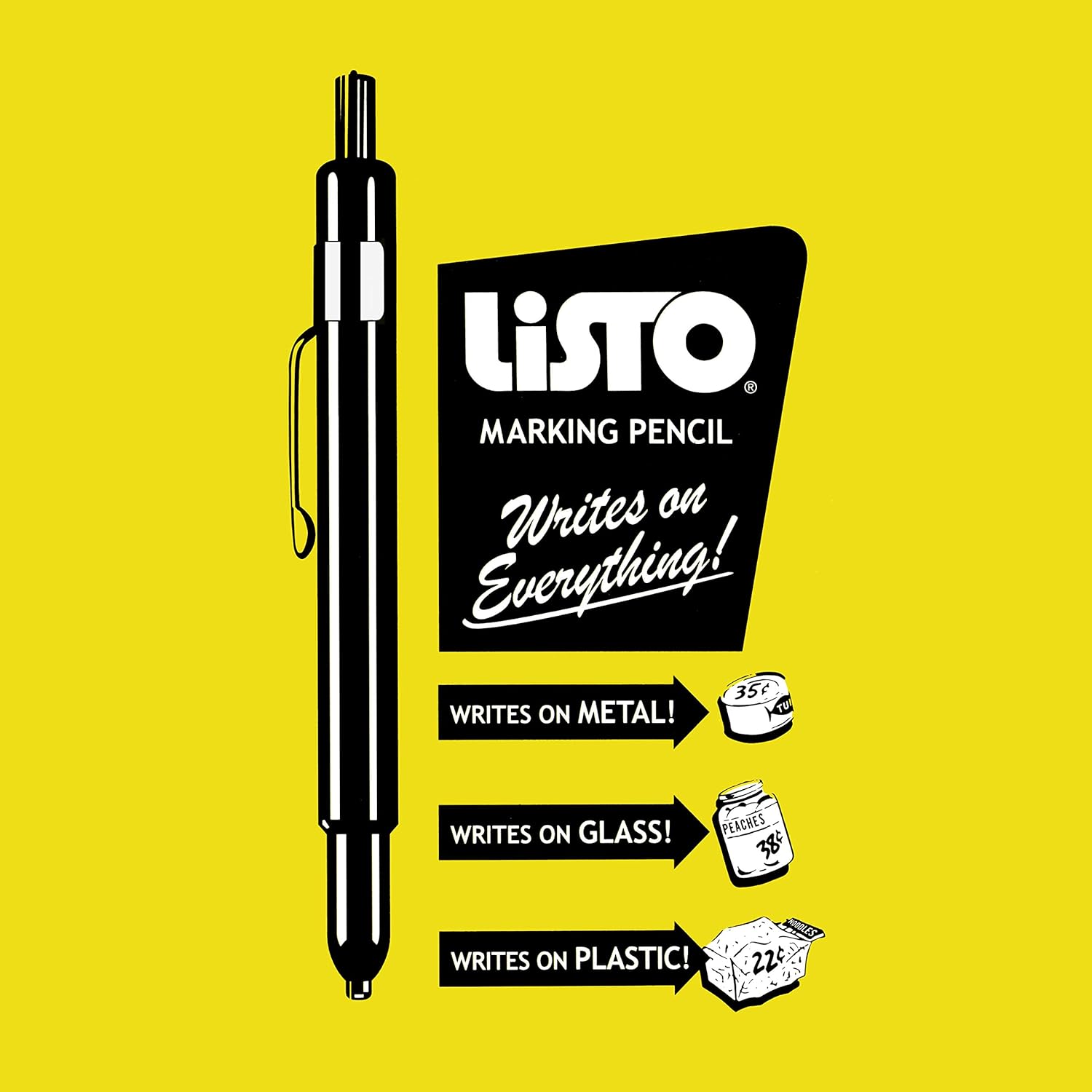 Listo Yellow Grease Marking Pencil – Refillable – Write On Metal, Glass, Wood, Plastic (Model 1620B)