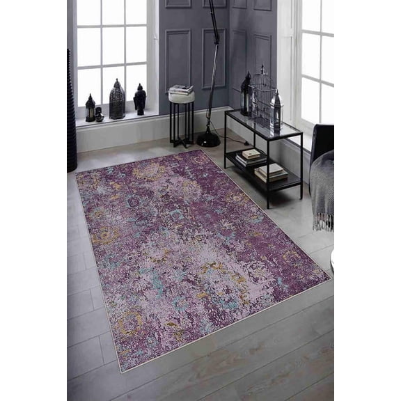 LaModaHome Area Rug Non-Slip - Purple Aged Vintage Soft Machine Washable Bedroom Rugs Indoor Outdoor Bathroom Mat Kids Child Stain Resistant Living Room Kitchen Carpet 2.7 x 5 ft