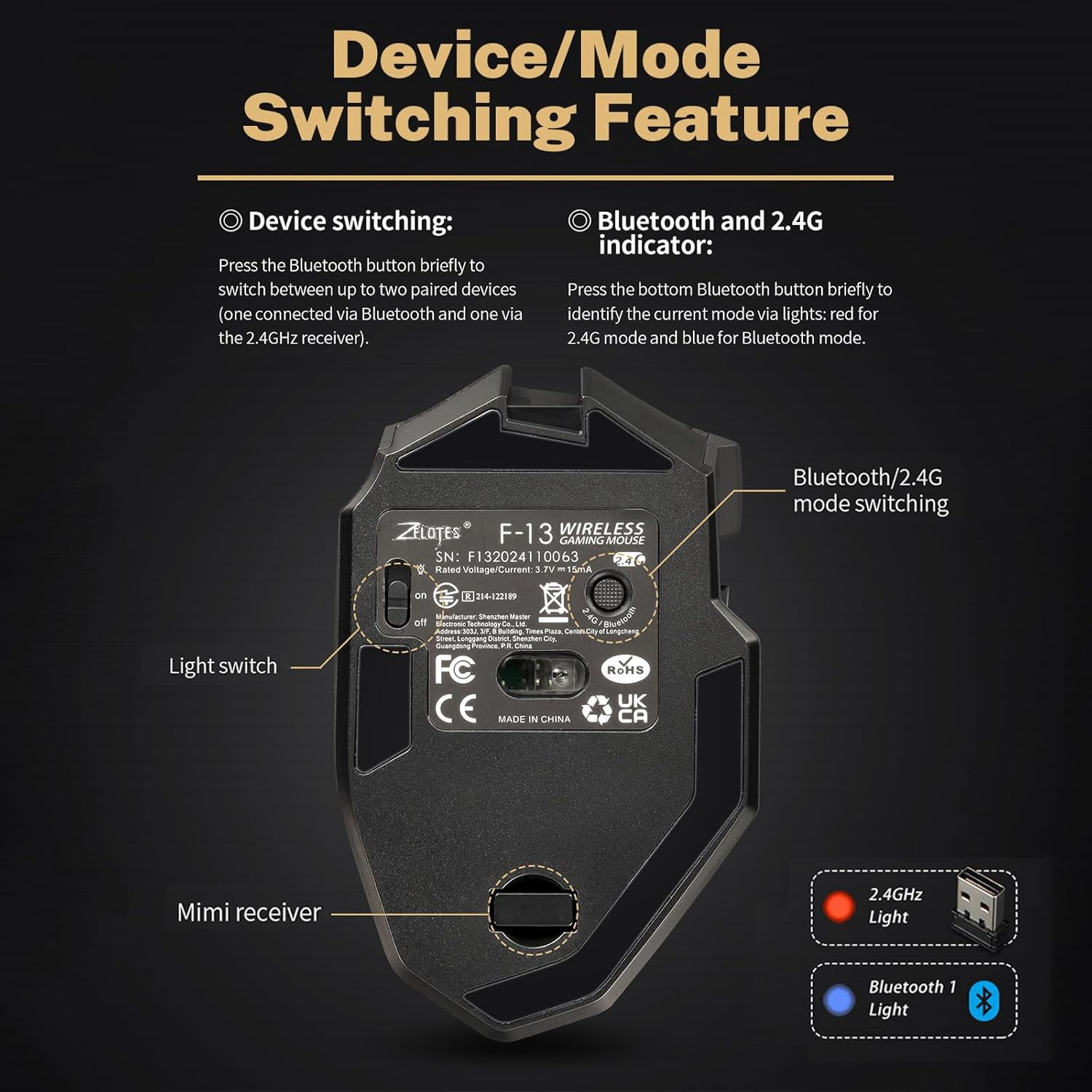 Wireless RGB Gaming Mouse, 2.4G Bluetooth Dual Mode Mouse with 24000 DPI PMW-3311 Sensor, 13 Macro Programmable Buttons, 50Hr Rechargeable Ergonomic Mouse for PC Laptop FPS MOBA (Black)