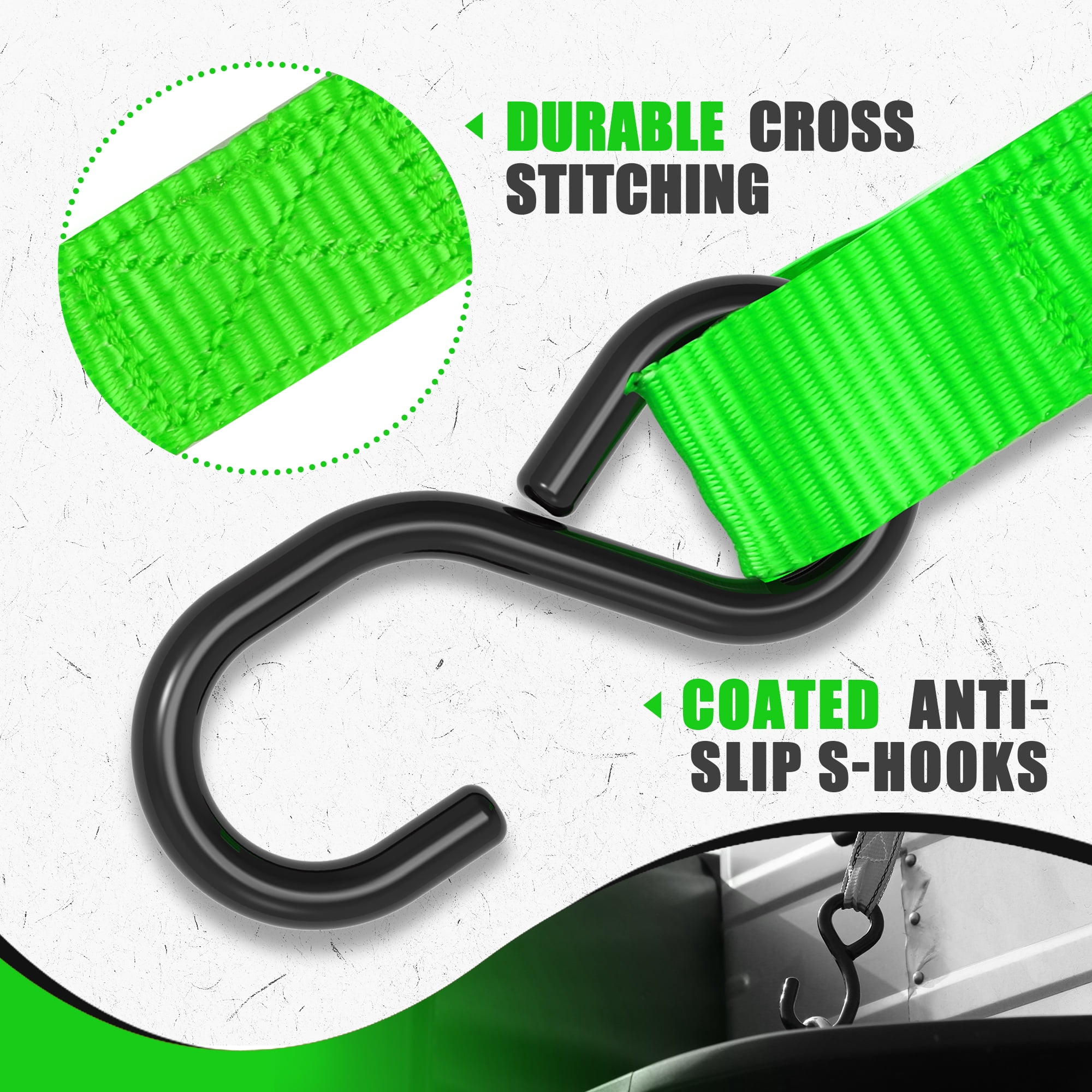 AWELCRAFT Tie-Down Ratchet Straps S-Hooks 1500 lb Load Capacity Green 4-Pack 1 Inch x 15 ft,Green