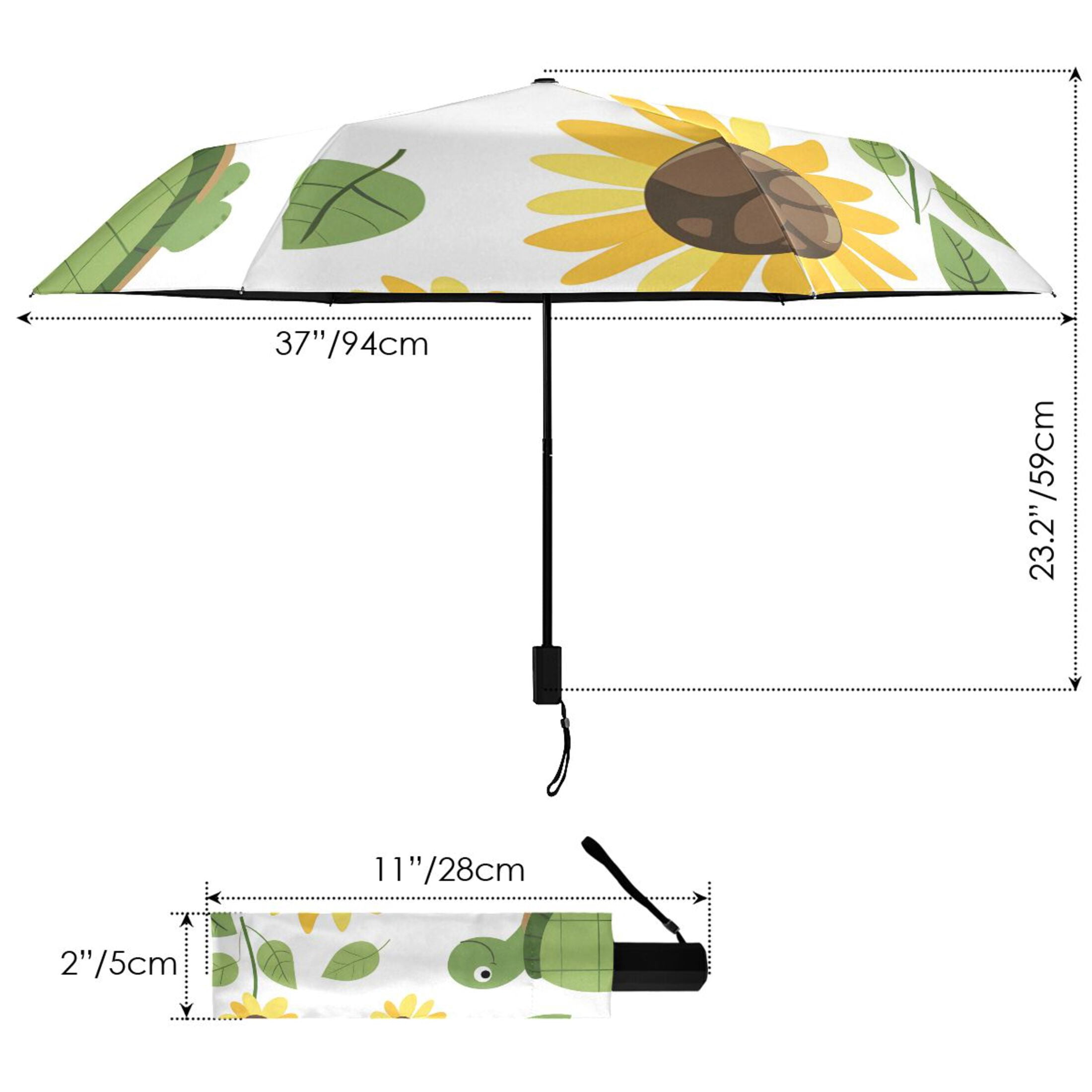 Lovely Turtles Sunflowers and Leaves All Weather Umbrella Triple Folding Parasol 6 Ribs UV Protection Portable