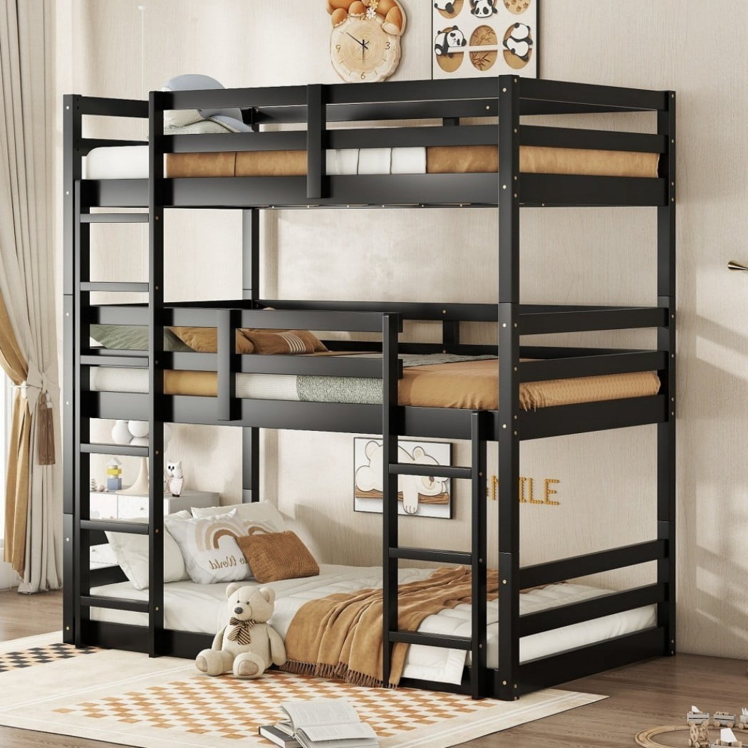 Triple Twin Bunk Bed, Rubber Wood Twin Over Twin Over Twin Bunk Bed with 2 Built-In Ladders & Guardrails, Detachable 3 Twin Beds, Black